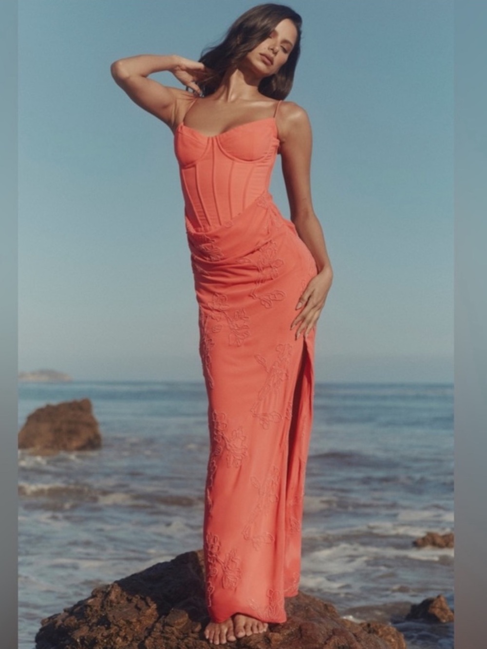 House of CB L D-DD Carmella Coral Embellished Hand Beaded Maxi Dress NWOT
